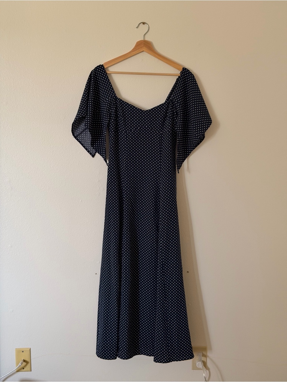 Navy Polka Dot Midi Dress with Flutter Sleeves